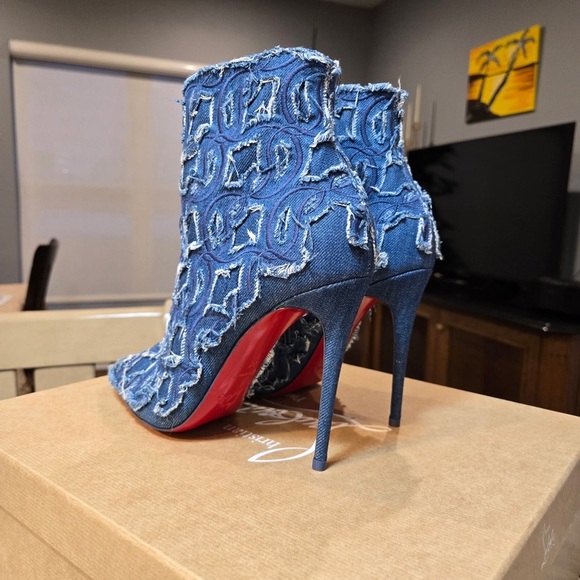 NEW Christian Louboutin So Kate Booty Toile Denim Brode 100mm Size 37 - Picture 7 of 12